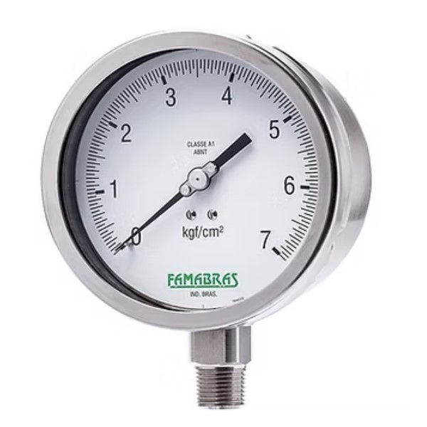 Manômetro Vertical INOX Visor 100 mm 1/2" com Rosca NPT com Glicerina 150 PSI 0A 10 KFG/CM2