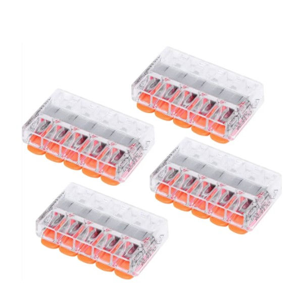 Conector Emenda Poliamida para 5 Cabos 0,14-4,0 mm² 85 Graus Transparente com Alavanca Laranja Flowoack com 4 Unidades