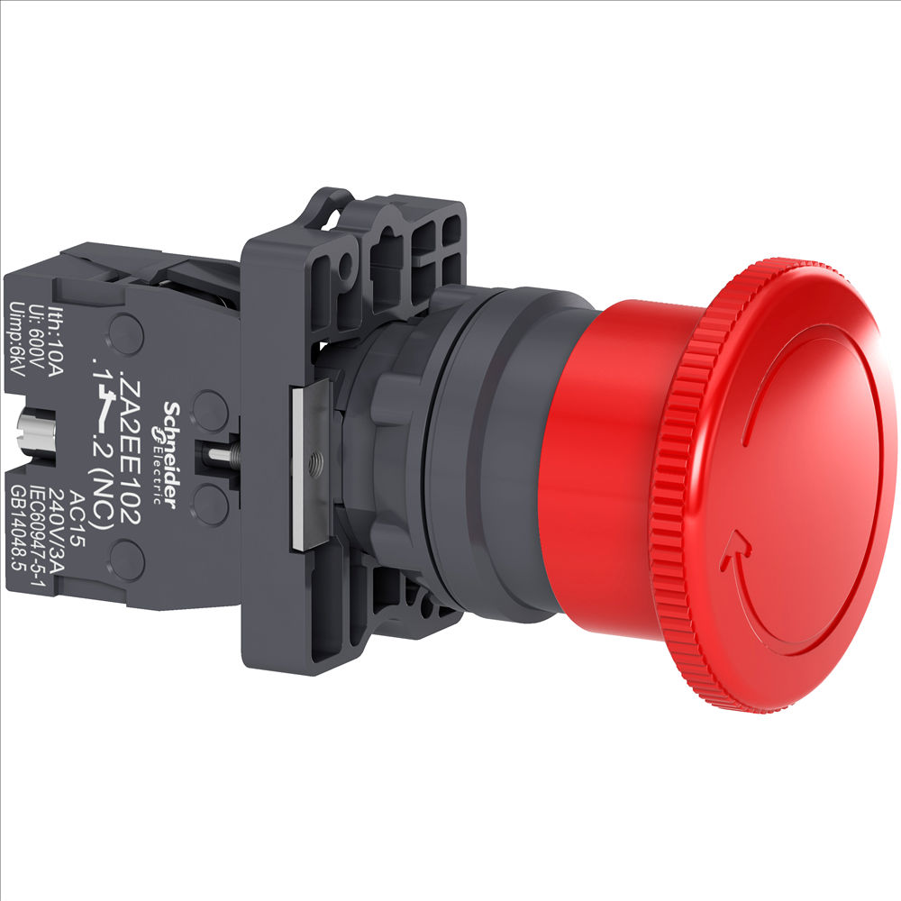 Botão Botão Emergência PVC Cogumelo 22,00 mm Vermelho Aro Preto com Elemento 1NF Opaco Gira Destrava 40 mm