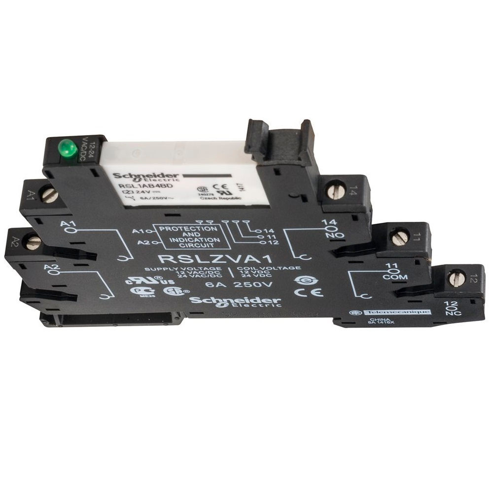 Acoplador Relé Acoplador Relé 24VCA/CC 1 Contato Reversível com LED 6A RSL1PVBU Largura 6,2 mm Conexão para Parafuso para Trilho DIN Estreito