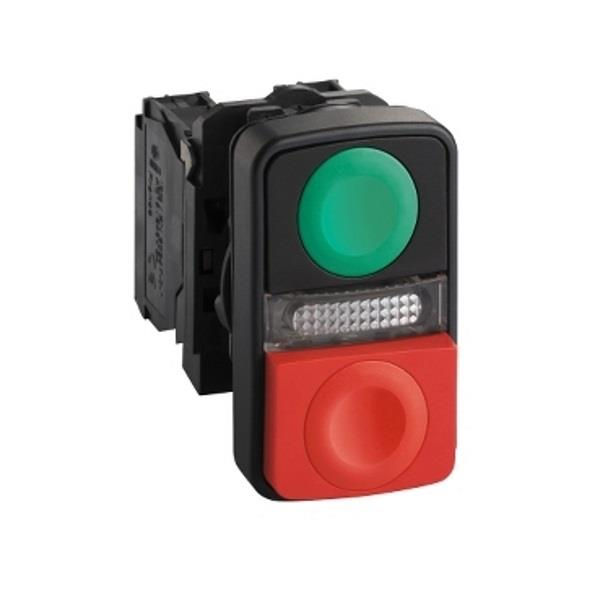 Botão Botão Duplo PVC Faceado 22,00 mm Verde/Vermelho Aro Preto Retangular com Elemento 1NA+1NF Luminoso com LED 220VCA