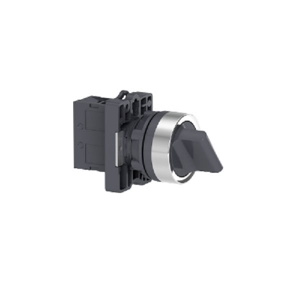 Comutador PVC Comando 22 mm Aro Cromado 1NA com 2 Posições com Retorno Manopla Curta Preto