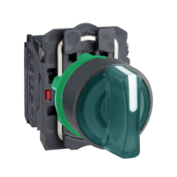 Comutador Comando PVC Manopla Curta 22 mm VD Aro Preto 1NA + 1NF 3 Posições com LED 24V