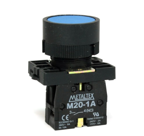 Botão Pulsador PVC Faceado 22,00MM Azul Aro Preto Com Elemento 1NA Opaco Metaltex