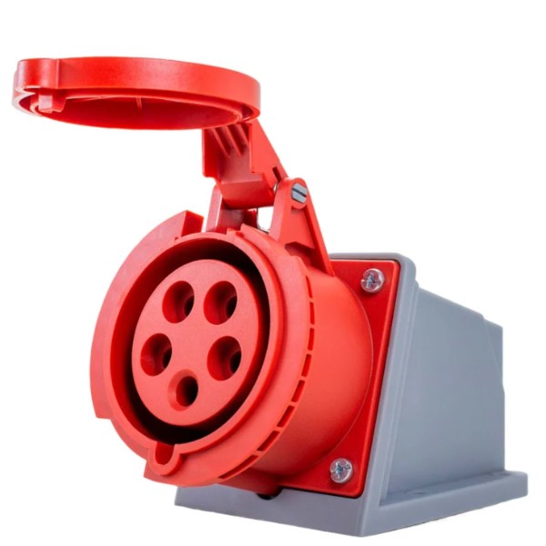 Tomada PVC 3P+T+N 6H Sobrepor Industrial 32A/380/440VCA Com Tampa Vermelho IP44