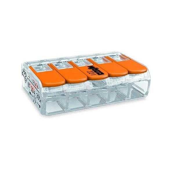 Conector Emenda Poliamida para 5 Cabos 0,14-4,0 mm² 85 Graus Transparente com Alavanca Laranja