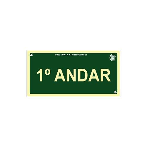 Placa Sinalização Pavimento 1° Andar PVC 120x240 mm Fotoluminescente/Verde