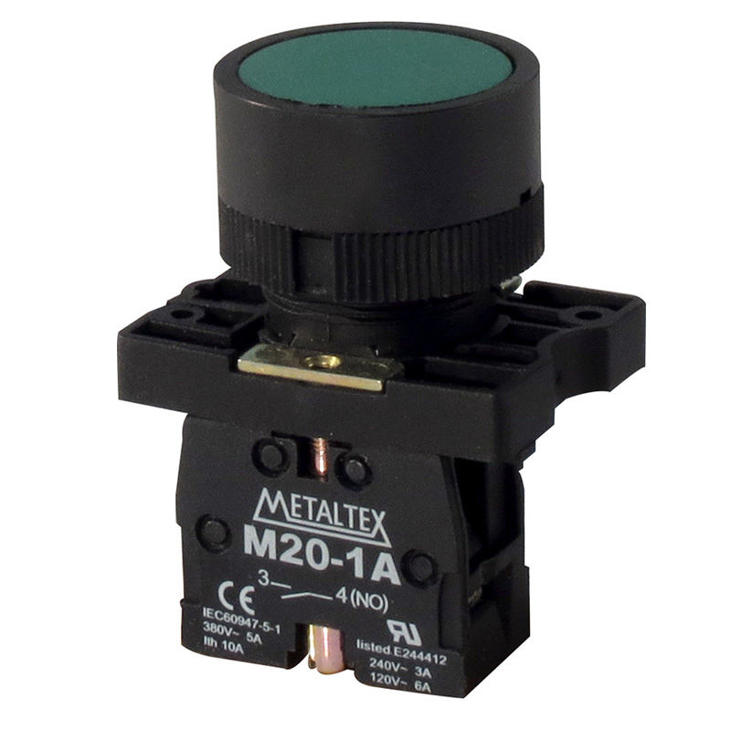 Botão Pulsador PVC Faceado 22 mm Verde Aro Preto com Elemento 1NA Opaco