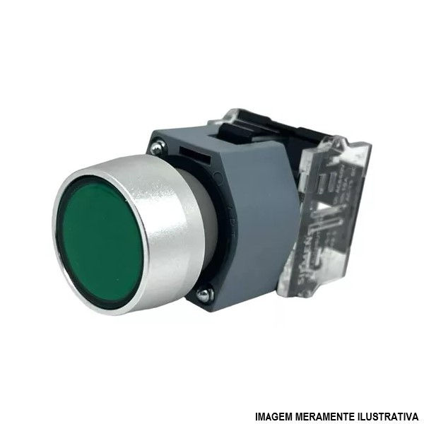Botão Pulsador PVC Faceado 22 mm Verde Aro Cromado com Elemento 1NA Opaco