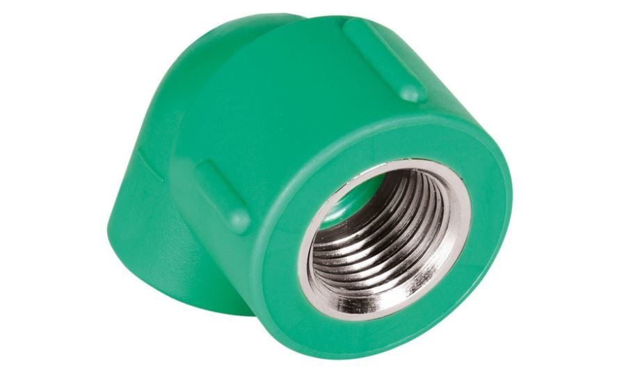 Joelho 90G Bolsa e Rosca com Inserto Metálico Fêmea/Fêmea 25 mmX1/2" PPR Verde Água Quente