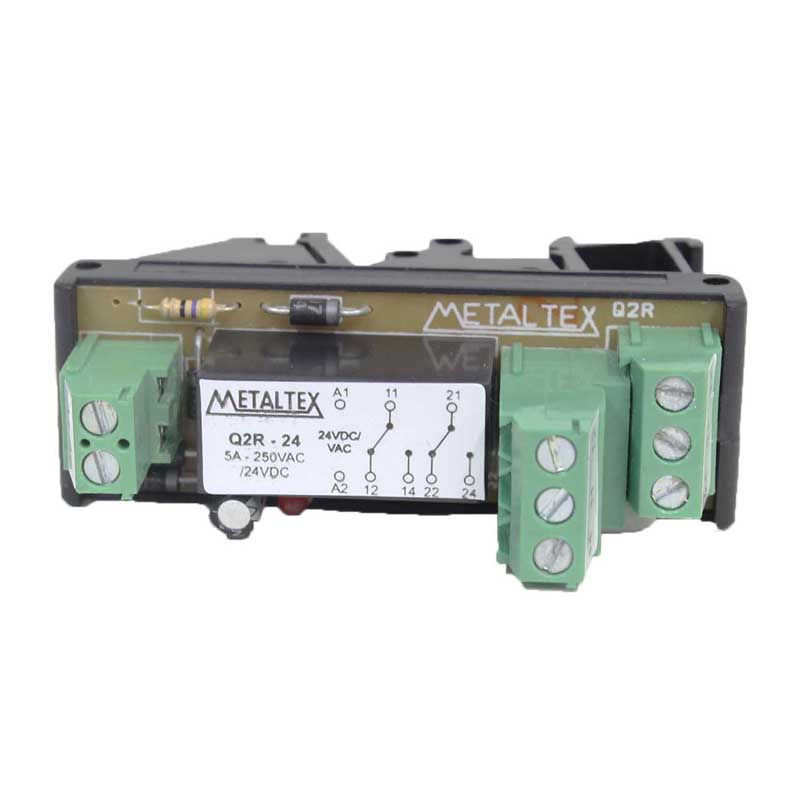 Acoplador Relé 24VCA/CC 2 Contatos Reversíveis (NAF) com LED 5A Largura 25 mm Conexão para Parafuso para Trilho TS35/32