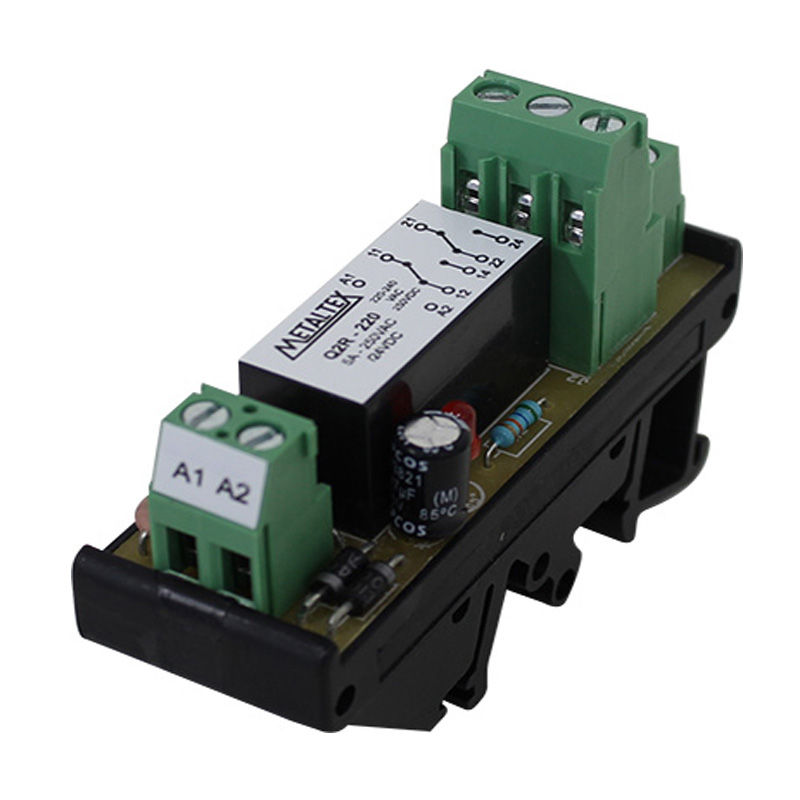 Acoplador Relé 220VCA/CC 2 Contatos Reversíveis (NAF) com LED 5A Largura 25 mm Conexão para Parafuso para Trilho TS35/32