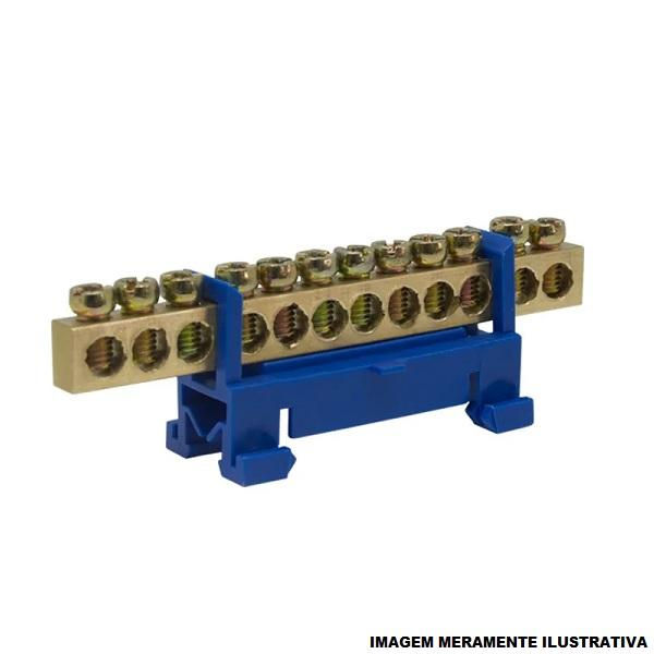 Barramento Cobre Neutro com Suporte Azul 16 mm² com 12 Furos para Trilho DIN