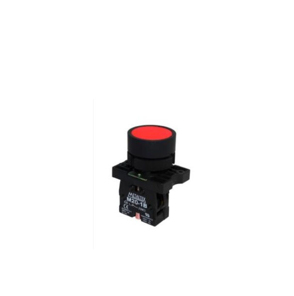 Botão Pulsador PVC Faceado 22 mm Vermelho Aro Preto com Elemento 1NF Opaco