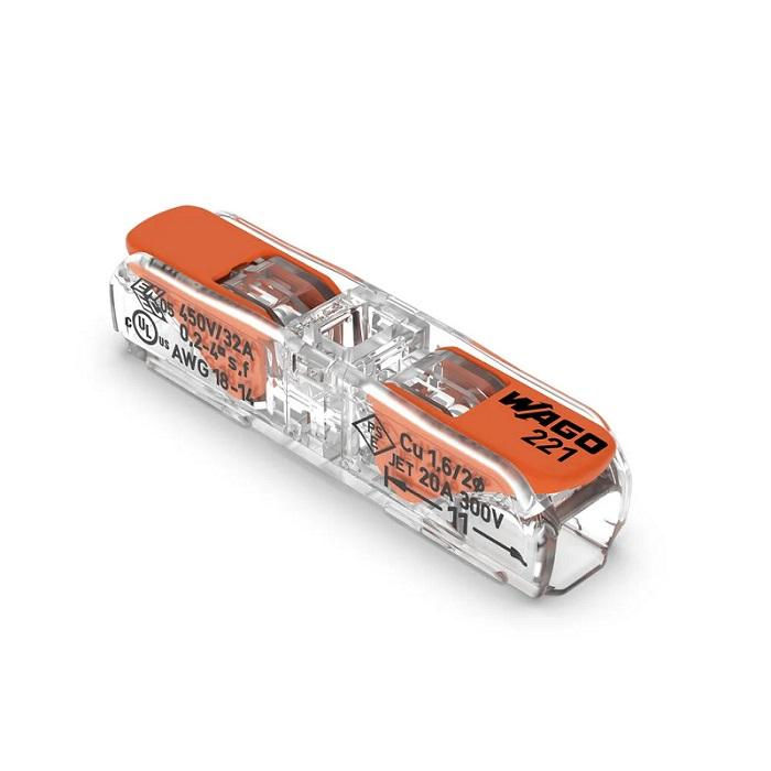 Conector Emenda Poliamida em Linha para 2 Cabos 0,2-4,0 mm² 85 Graus Transparente com Alavanca Laranja