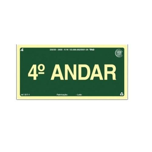 Placa Sinalização Pavimento 4° Andar PVC 100x200 mm Fotoluminescente/Verde